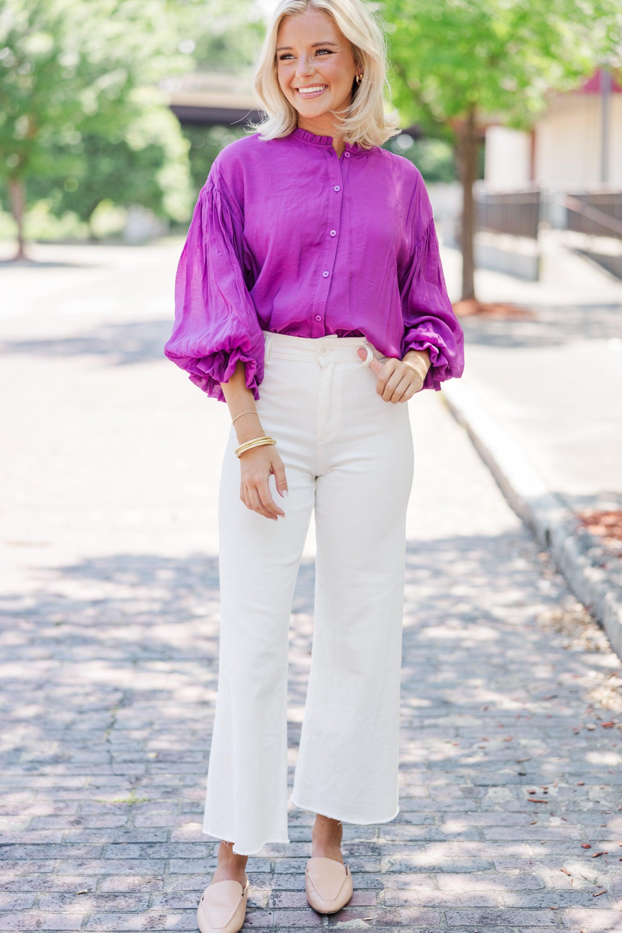 Somewhere New Purple Ruffled Blouse Female Product Image