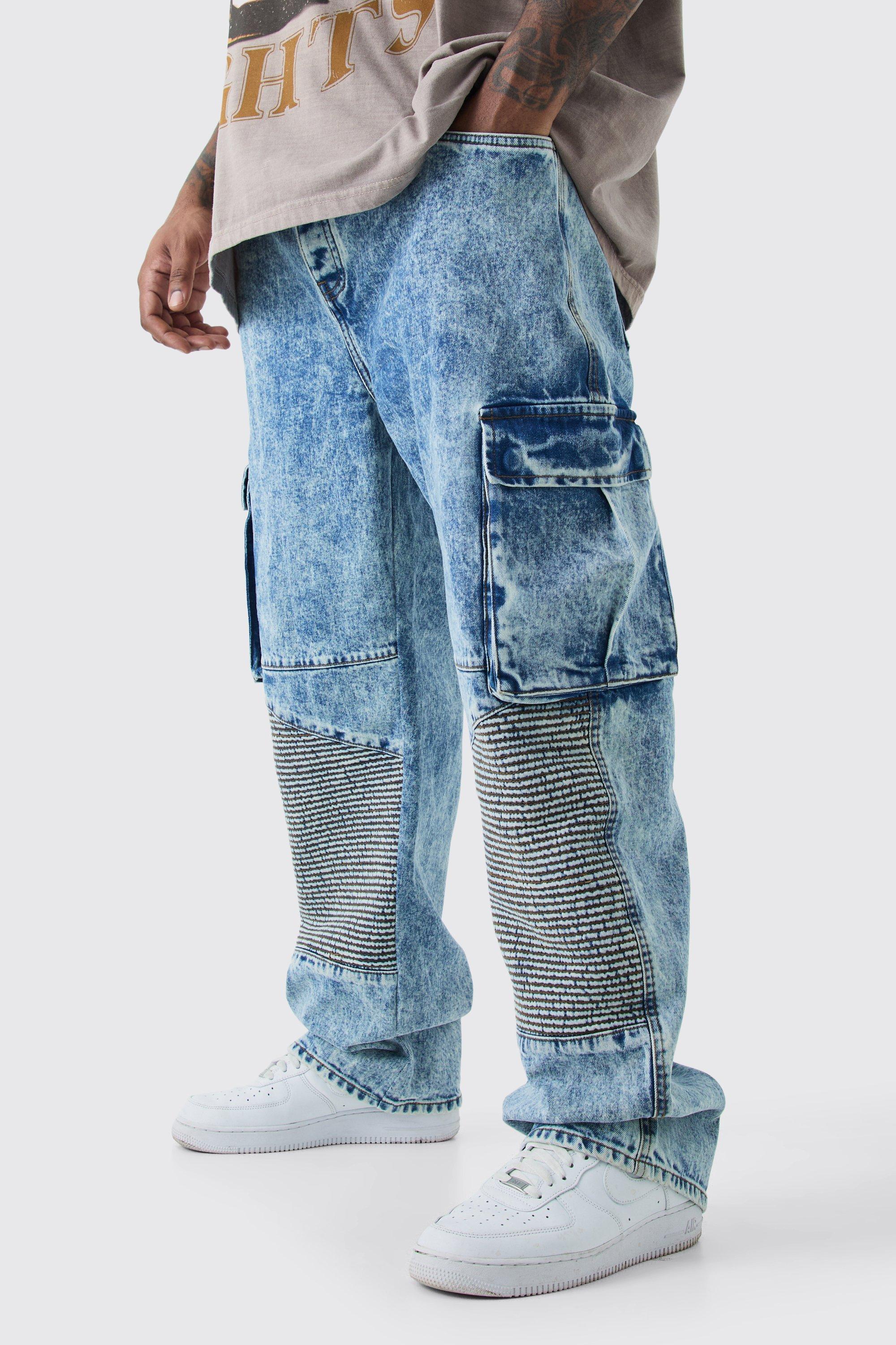 Plus Acid Wash Stretch Skinny Cargo Biker Jean | boohooMAN USA Product Image