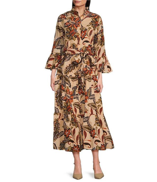 Jude Connally Roxie Cotton Voile Ruffle Mock Neck Long Sleeve Floral Print Belted Midi A-Line Dress Product Image