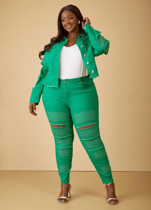 Plus Size Cutout Crystal Skinny Jeans, - Ashley Stewart Product Image