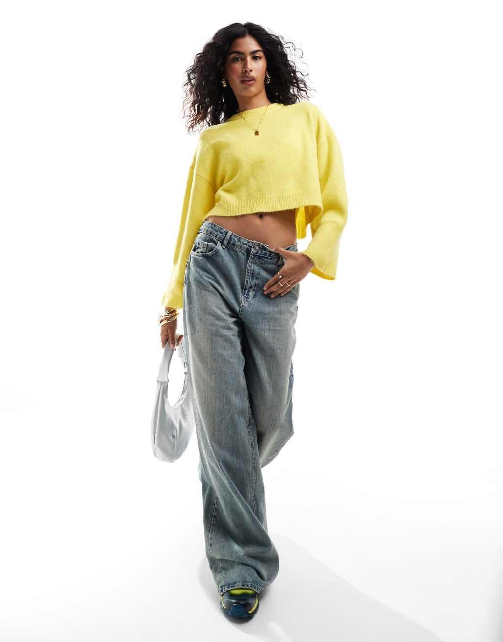 ASOS DESIGN crew neck boxy sweater with wide cuffs in yellow Product Image