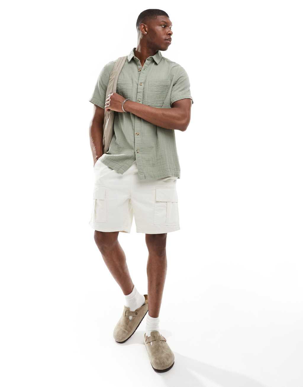 ASOS DESIGN short sleeve relaxed camp collar cheese cloth shirt in light sage Product Image