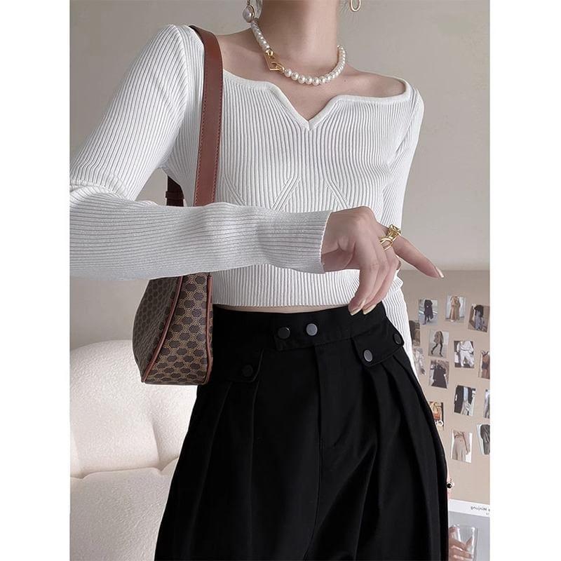 Long-Sleeve Boat Neck Plain Ribbed Crop Knit Top Product Image