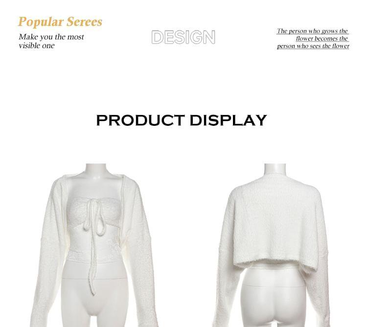 Set: Plain Cropped Cardigan + Lace Panel Tube Top Product Image