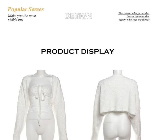 Set: Plain Cropped Cardigan + Lace Panel Tube Top Product Image