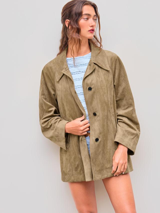 Suede Collar Solid Button Pocket Oversized Jacket Product Image