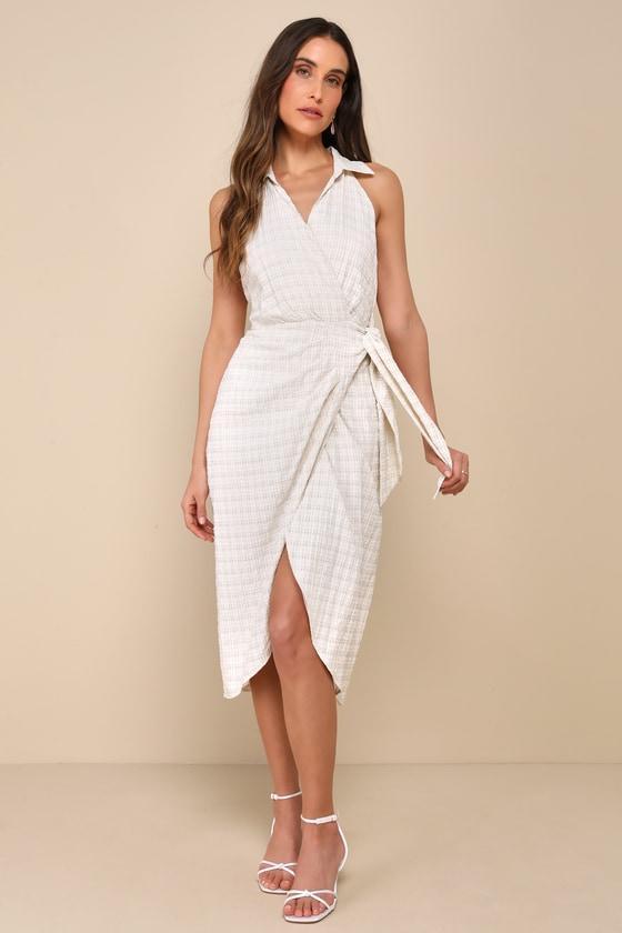 Complete Poise Cream Textured Collared Tie-Front Wrap Midi Dress Product Image