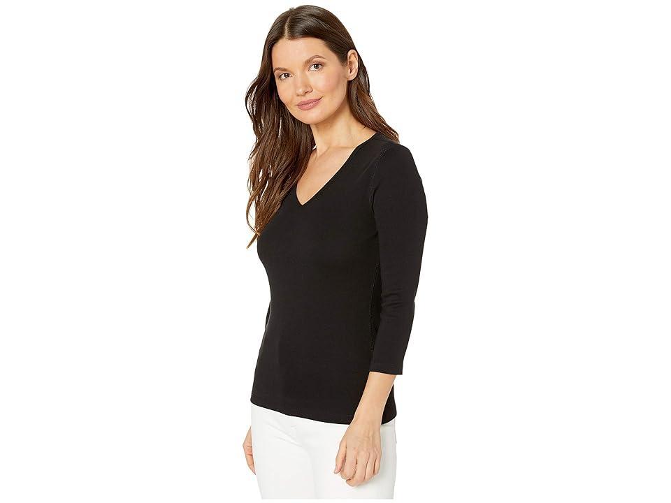 Lilla P 1x1 Rib 3/4 Sleeve V-Neck Top (Black) Women's Clothing Product Image