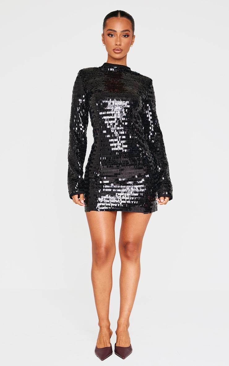 Petite Black Sequin Shoulder Pad Micro Mini Dress Product Image