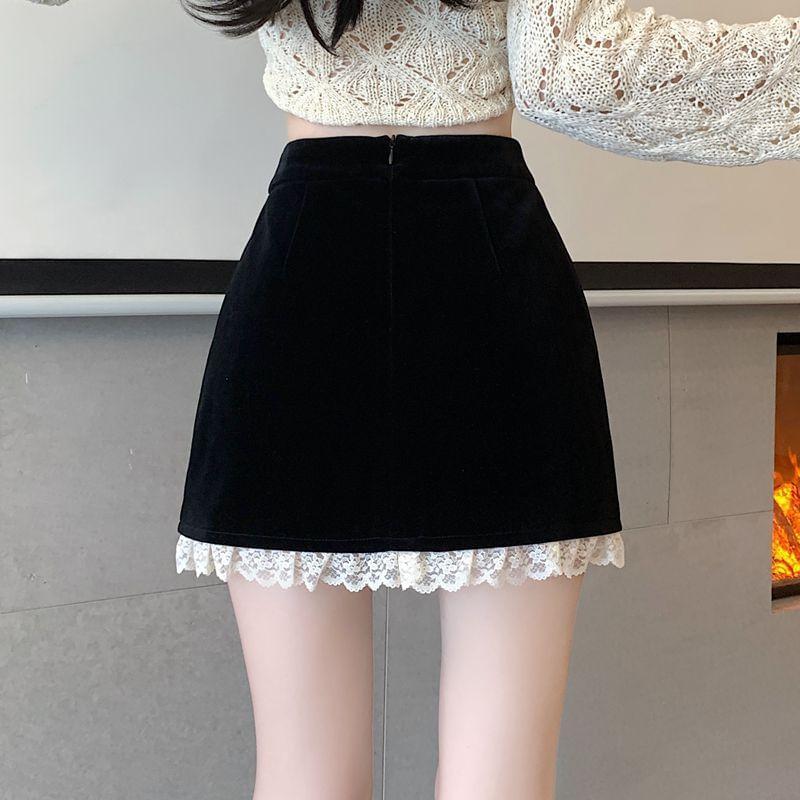 High Rise Lace Trim Mini A-Line Skirt Product Image