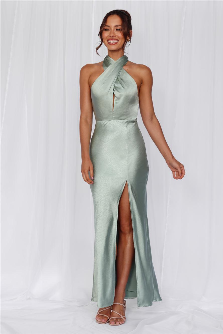 HELLO MOLLY The Adeline Halter Satin Maxi Dress Sage Product Image