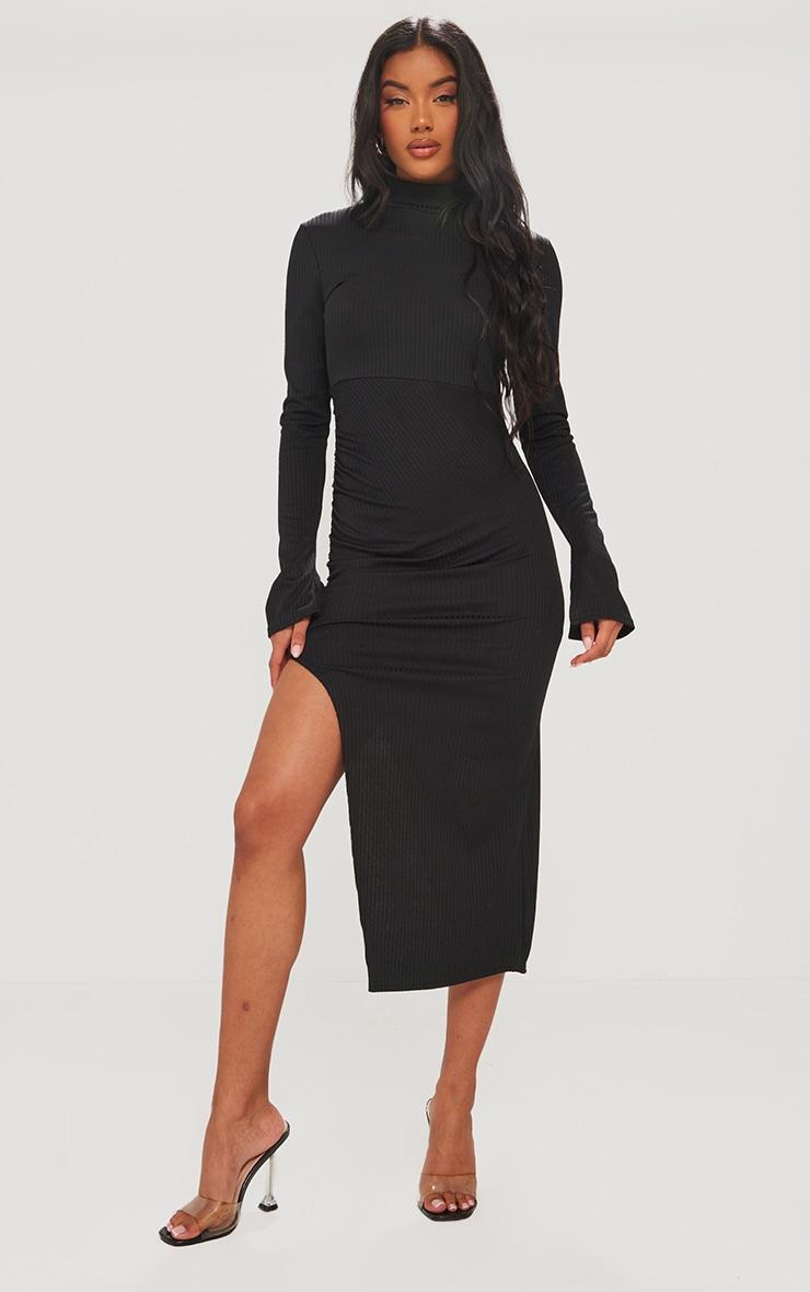 Black Rib Long Sleeve High Neck Ruched Midi Dress Product Image