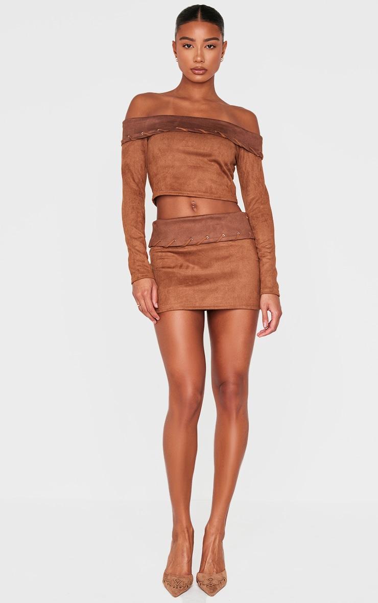 Brown Faux Suede Contrast Foldover Stitch Detail Bardot Top Product Image