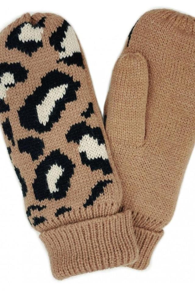 Leopard Print Knit Mittens With Fleece Lining Female Product Image