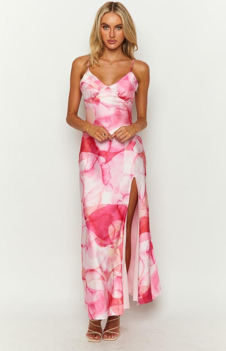 Lilie Pink Satin Print Maxi Dress Product Image