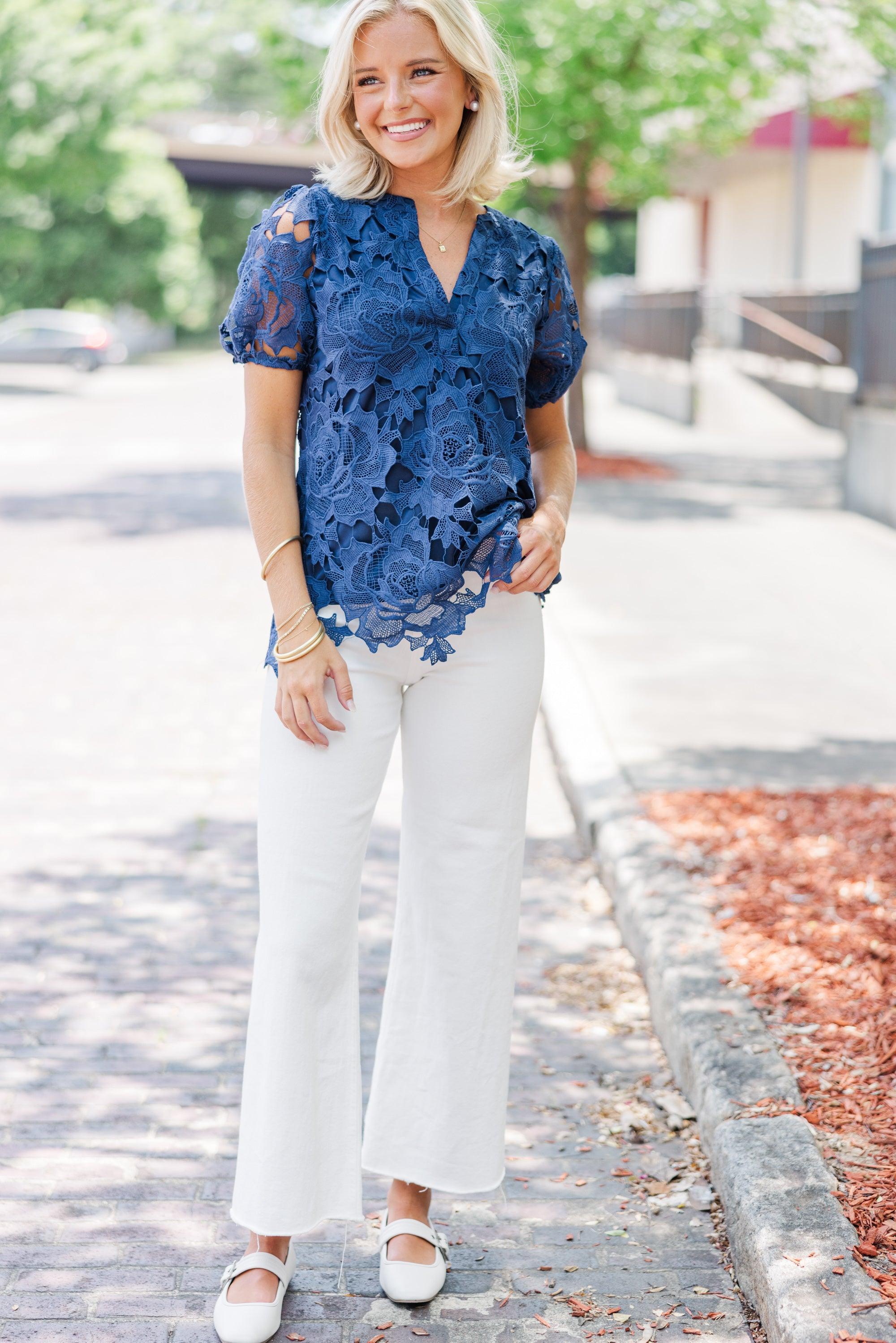 Detailed Dreams Navy Blue Lace Blouse Female Product Image