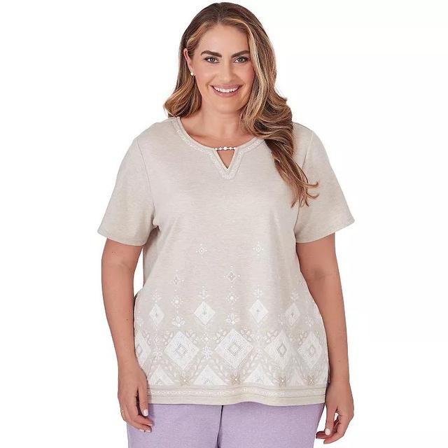 Plus Size Alfred Dunner Embroidered Diamond Border Top, Womens Oatmeal Grey Product Image