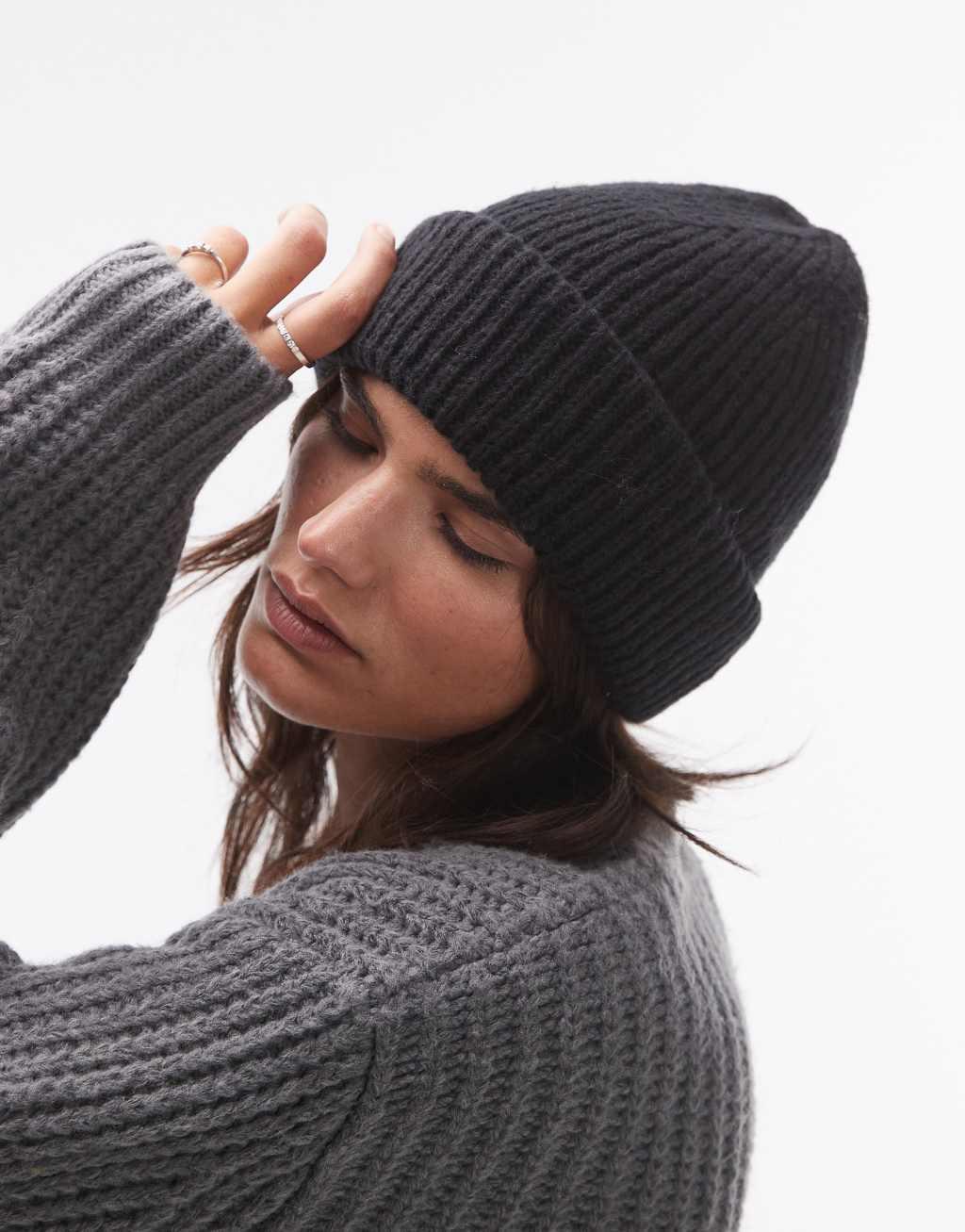 Topshop Henry ribbed beanie in black Product Image