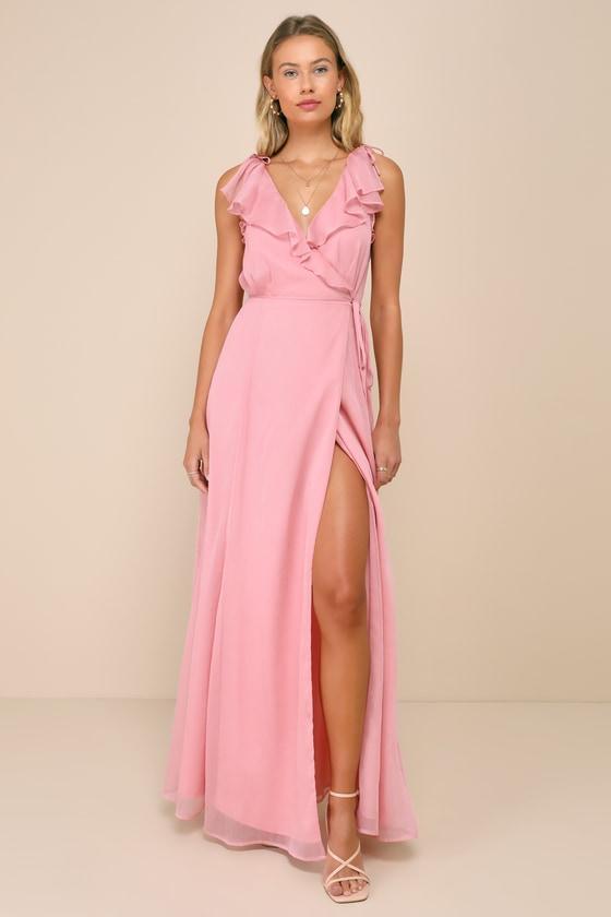 Adorable Elegance Pink Chiffon Ruffled Backless Wrap Maxi Dress product image