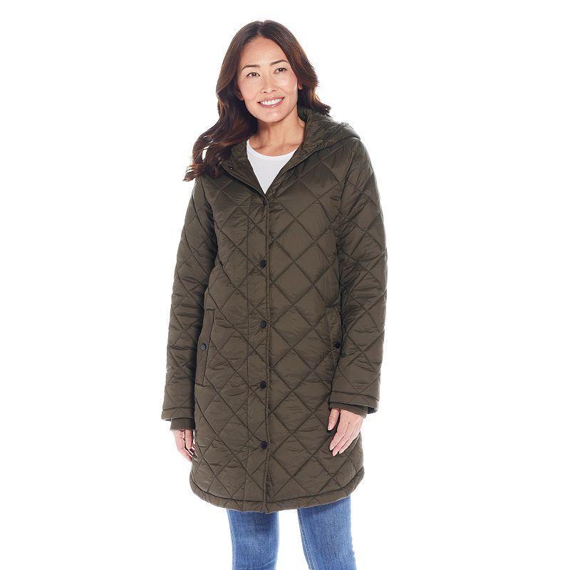 Womens Weathercast Hooded Diamond-Quilted Duffle Coat Green Product Image