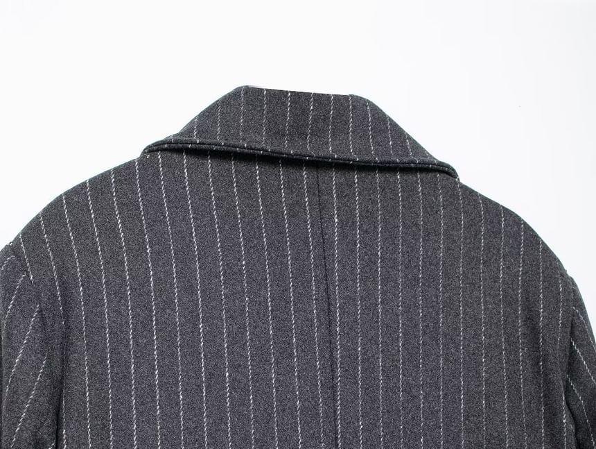 Lapel Collared Striped Double Breasted Long Coat Product Image