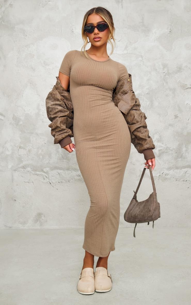 Taupe Rib Cap Sleeve Midaxi Dress Product Image