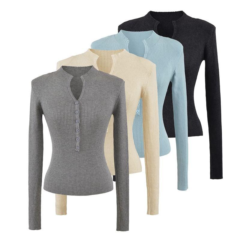 Notch Neck Plain Ribbed Sweater Product Image