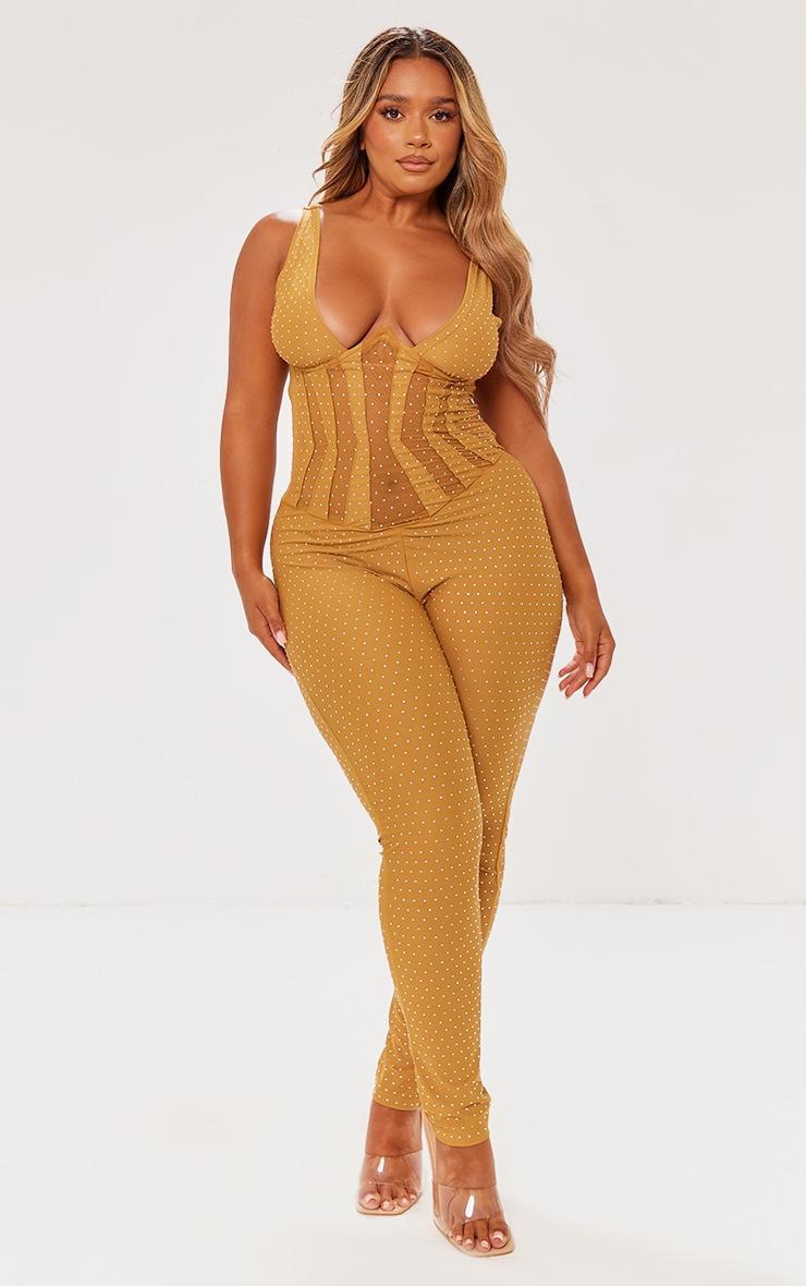 Shape Gold Sequin Mesh Panel Detail Underwire Jumpsuit Product Image