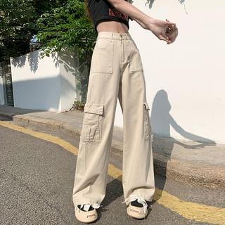 High Rise Plain Wide Leg Cargo Pants Product Image