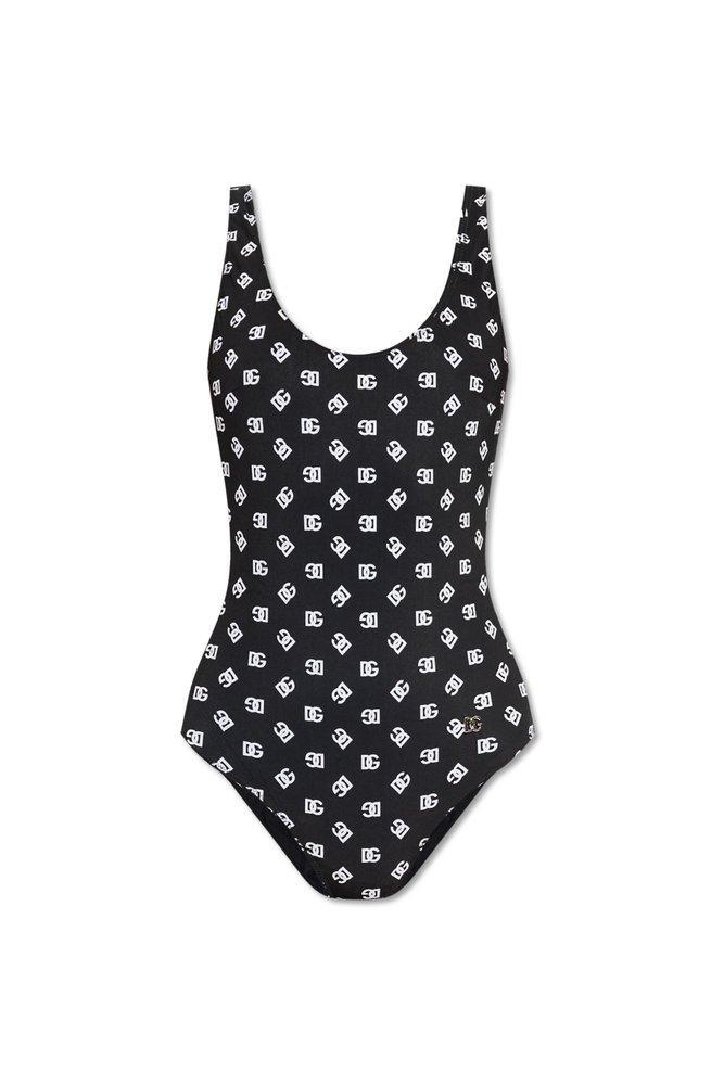 DOLCE & GABBANA One-piece Racing Swimsuit With Dg Logo Print In Black Product Image