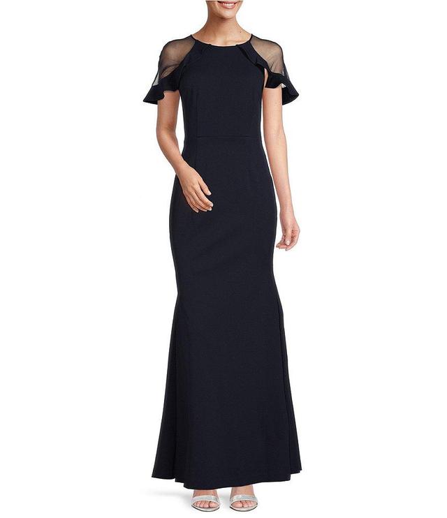 Eliza J Round Neck Illusion Cap Sleeve Ruffle Stretch Crepe Mermaid Gown Product Image