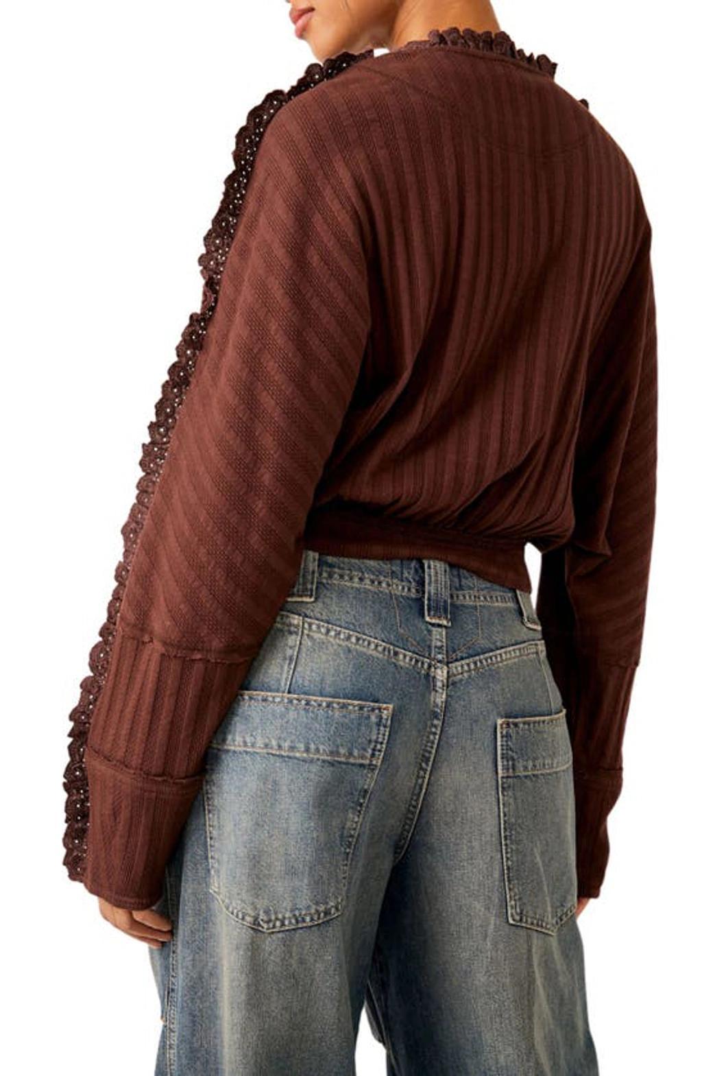 FREE PEOPLE More Romance Embroidered Ruffle Pintuck Knit Top In Brown Product Image