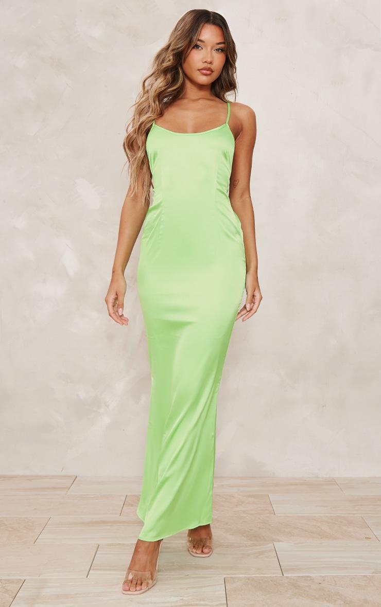 Bright Green Satin Backless Ruched Maxi Dress Product Image