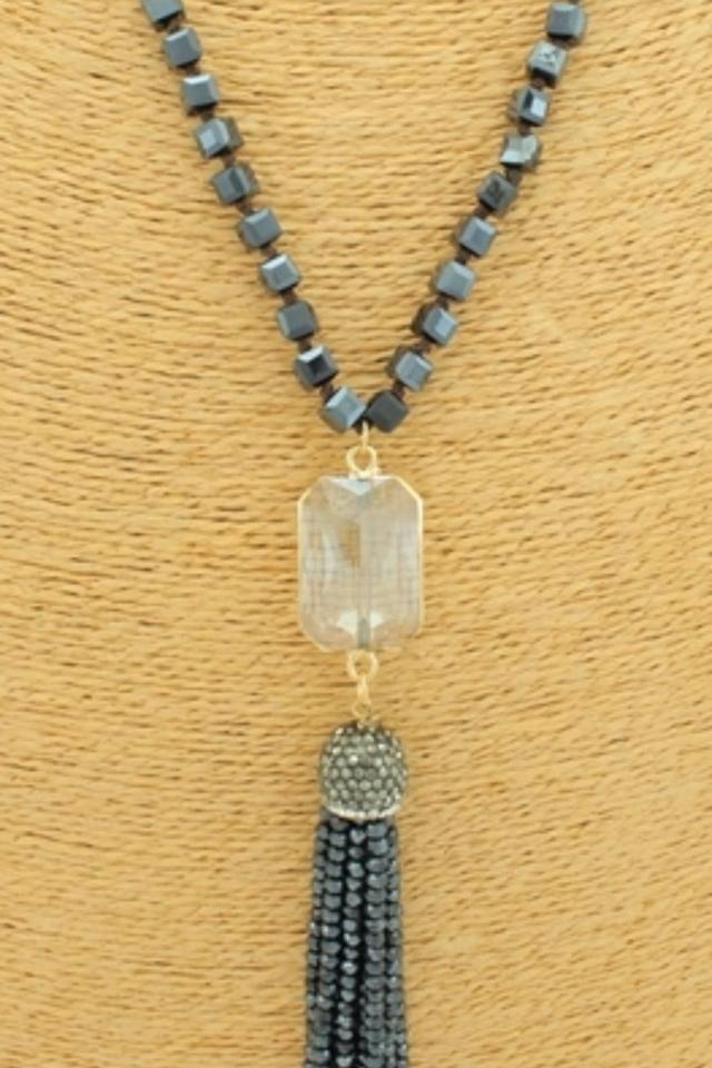 Long Charcoal Black  Beaded Tassel Necklace Female Product Image