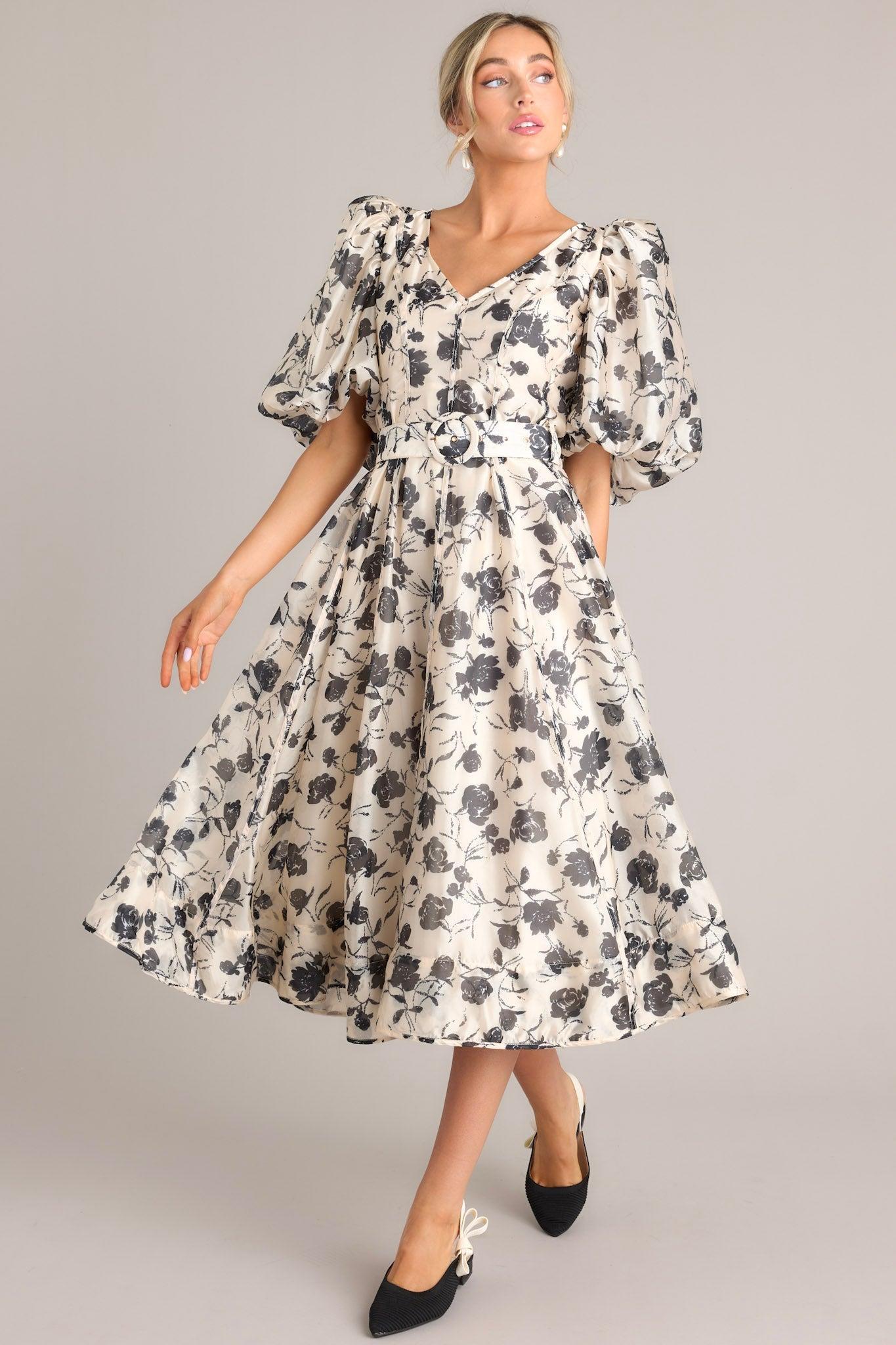 Blossoming Resilience Ivory & Black Floral Belted Midi Dress Product Image