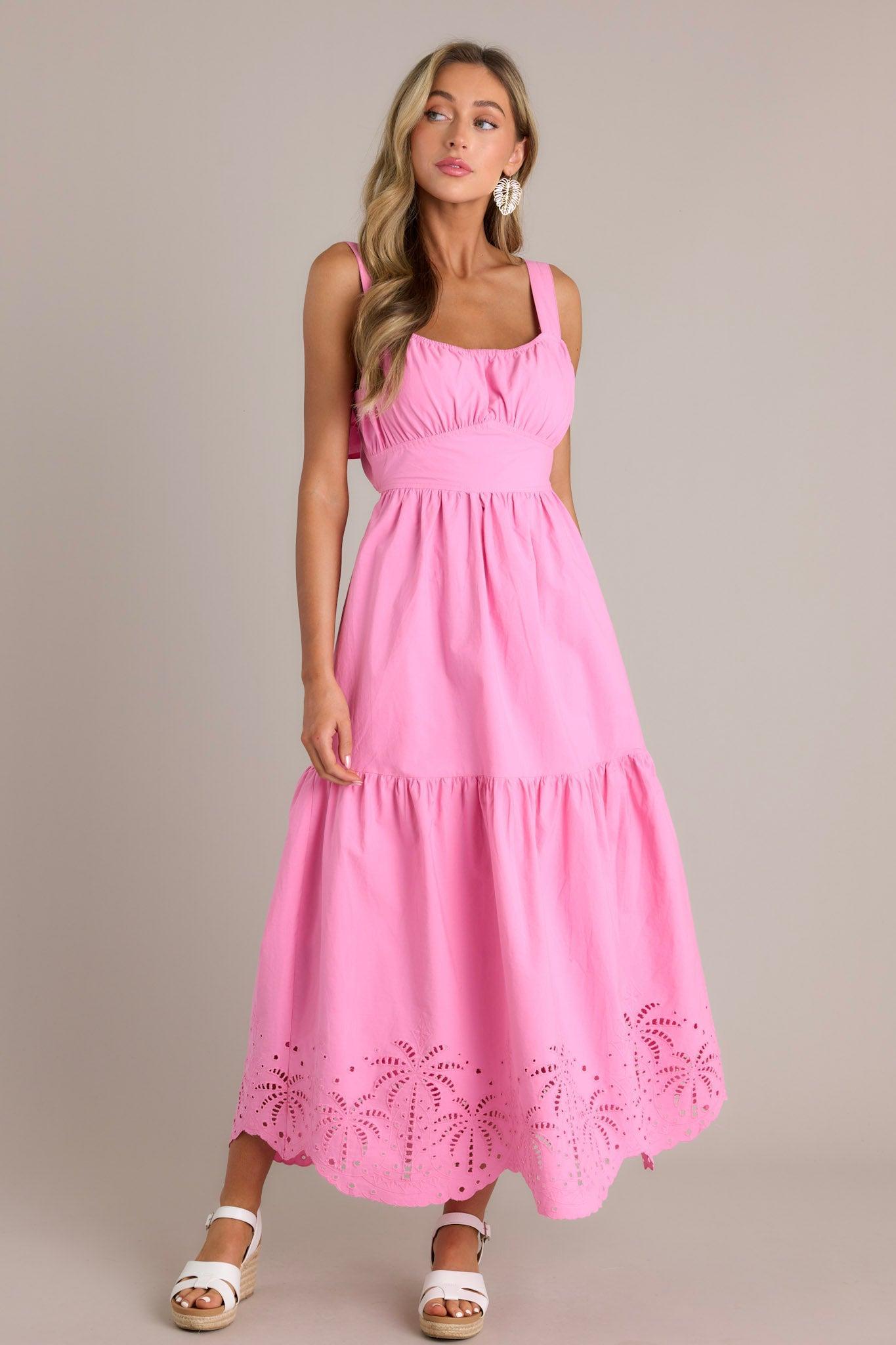 Garden Breeze 100% Cotton Pink Eyelet Midi Dress Product Image