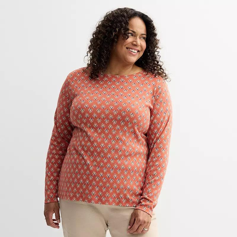 Plus Size Croft & Barrow Essential Crewneck Long Sleeve Tee, Womens Navy Night Red Product Image