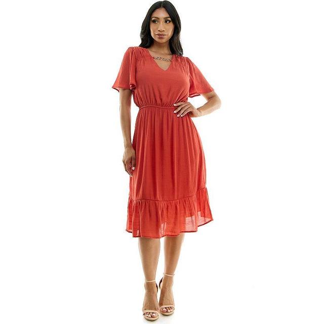 Womens Luxology Smocked-Waist Flutter Sleeve Midi Dress Red/Coppr Product Image