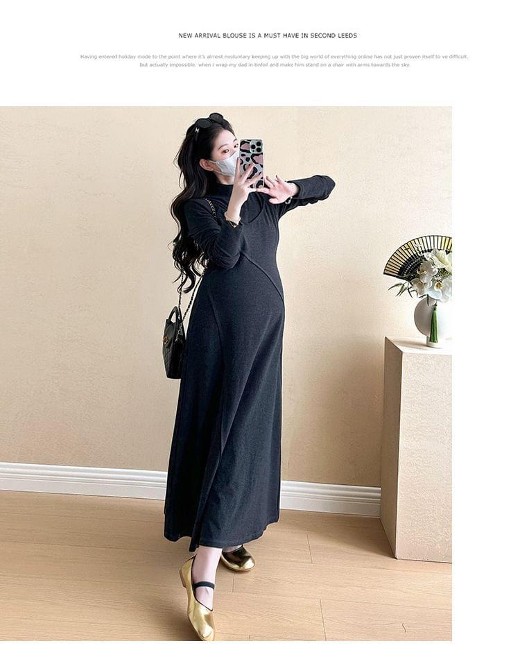 Maternity Long-Sleeve Turtleneck Mock Two-Piece Plain Maxi A-Line Knit Dress Product Image