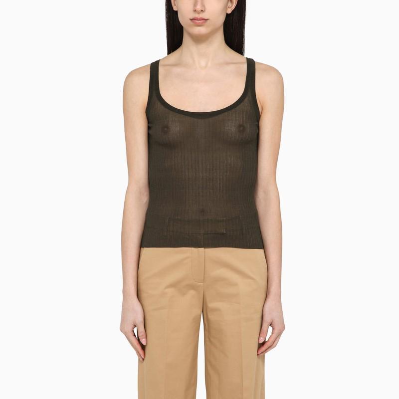 Olive Green Silk Ribbed Tank Top In Beige Product Image