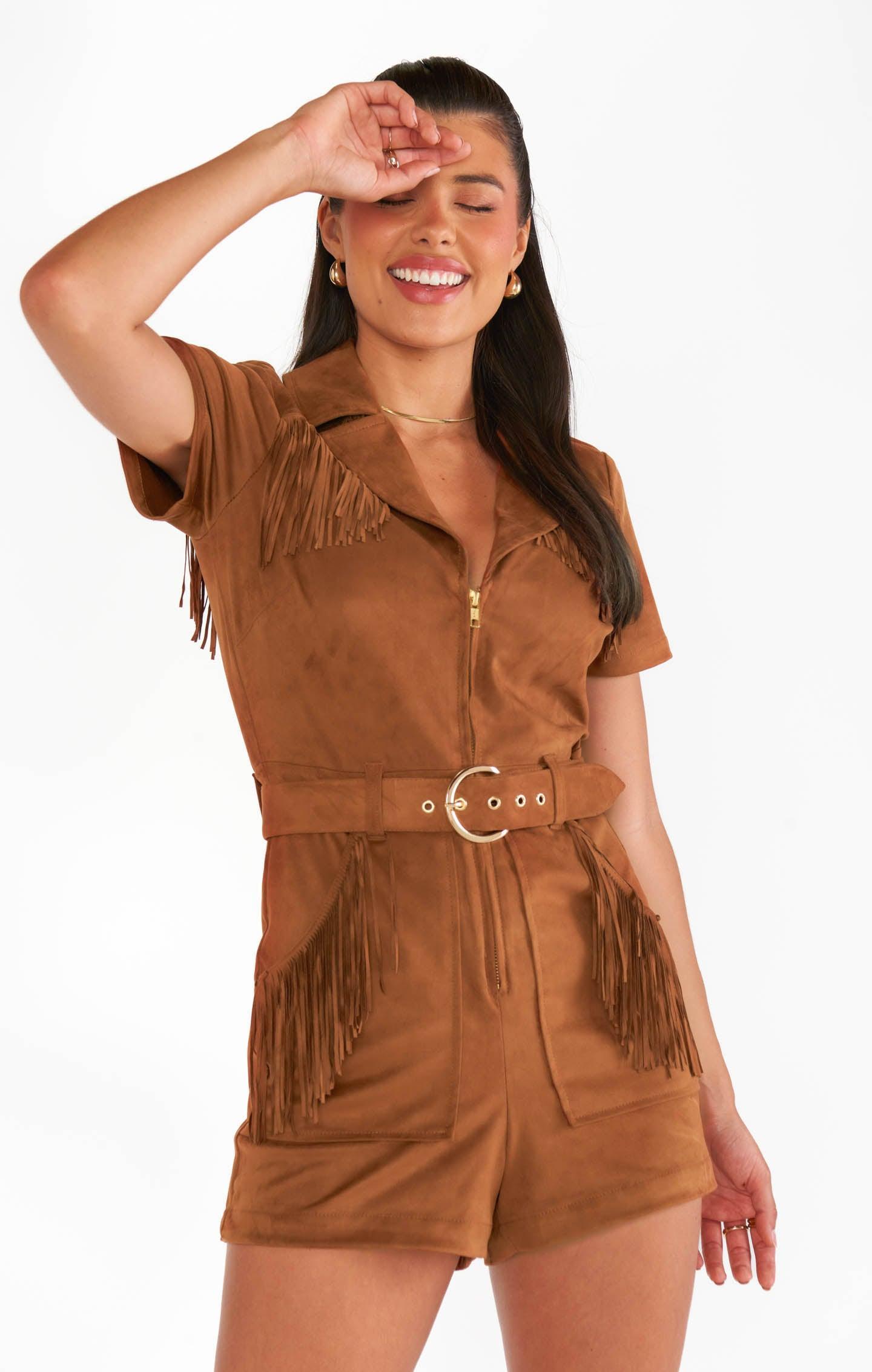 Outlaw Romper ~ Cognac Fringe Faux Suede Product Image