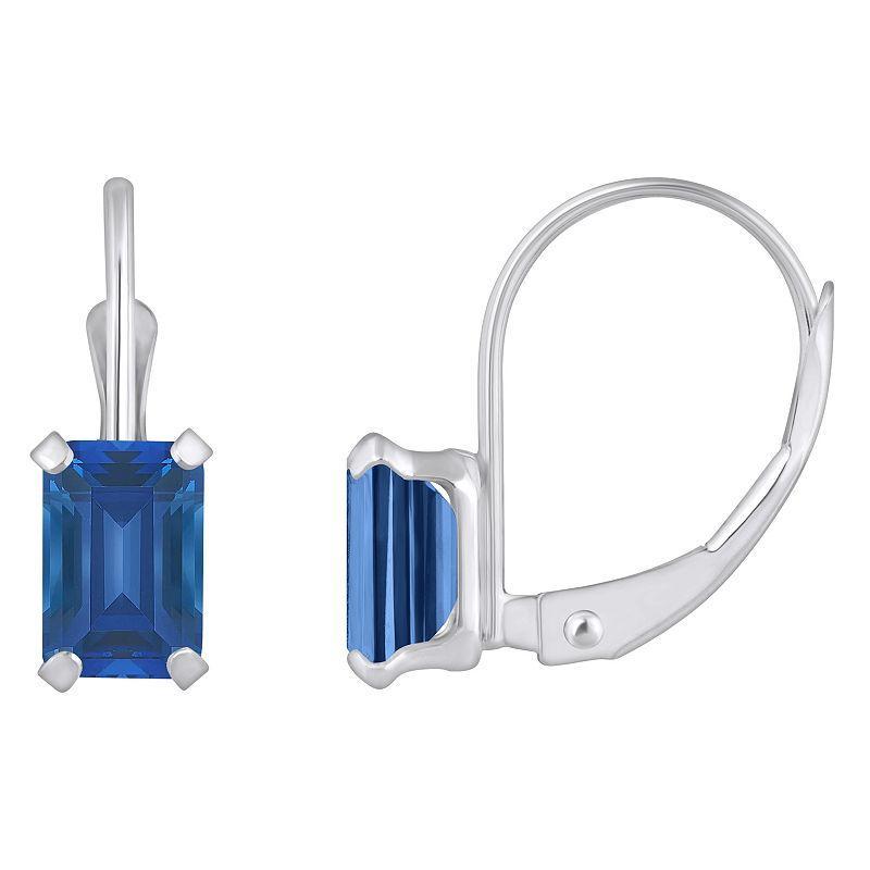 Celebration Gems 10k Gold Emerald Cut Lab-Created Sapphire Leverback Earrings, Womens, 10k Whgold Product Image