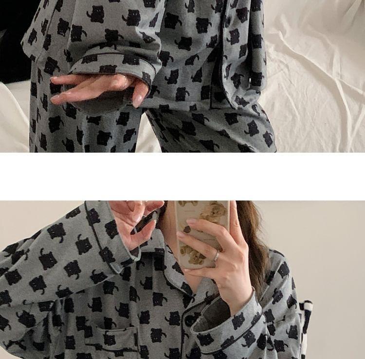 Pajama Set: Cat Print Pocket Detail Shirt + Pants Product Image