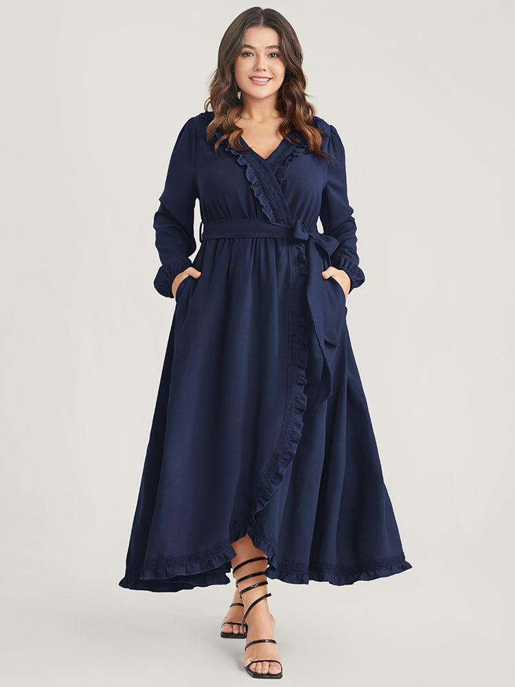 Solid Lantern Sleeve Pocket Frill Trim Wrap Belted Dress Product Image