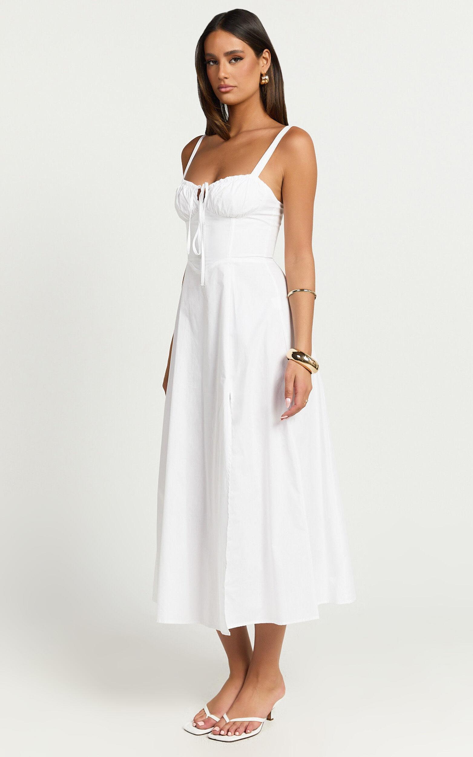 Maiya Midi Dress - Tie Front Fitted Bodice Dress in White Product Image