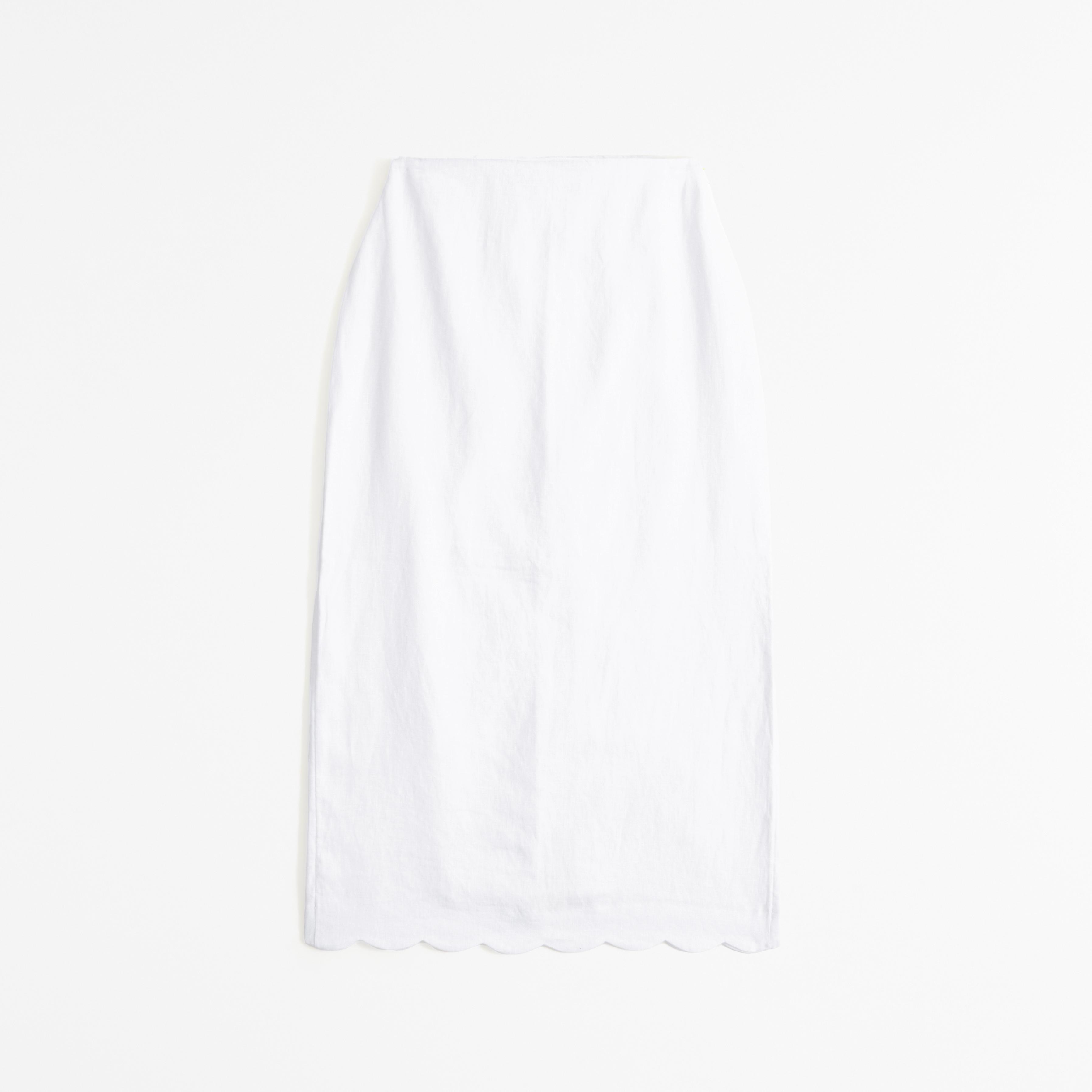 Premium Linen Scallop-Hem Midi Skirt Product Image