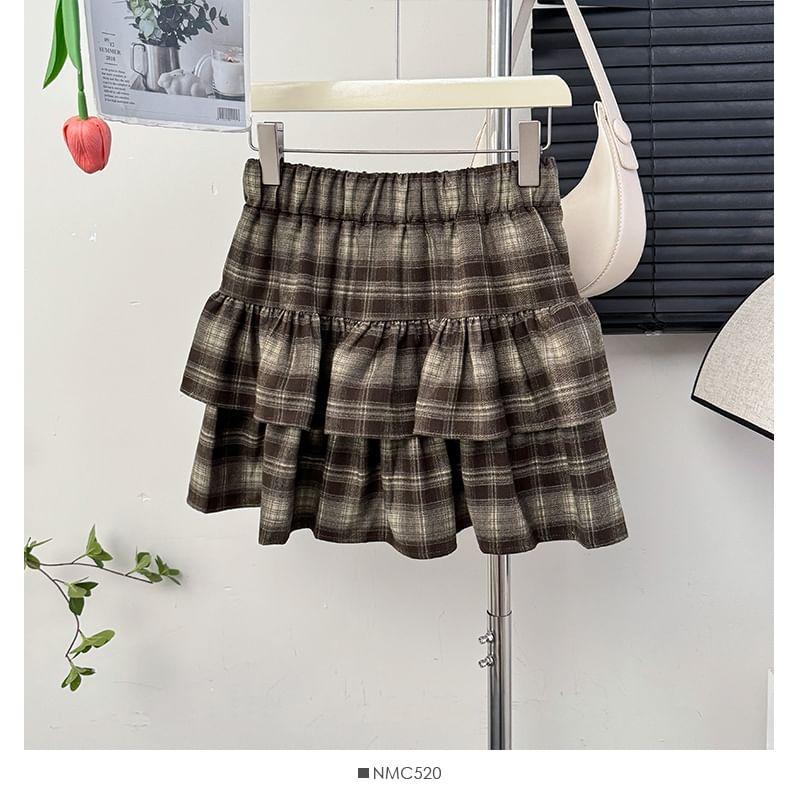 Tiered Plaid High-Rise A-Line Skirt Product Image