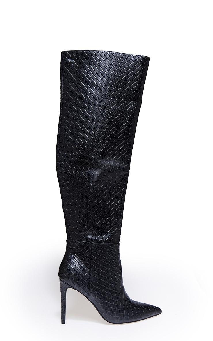 Black Wide Fit Weave Pu Point Toe Over The Knee Heeled Boots Product Image