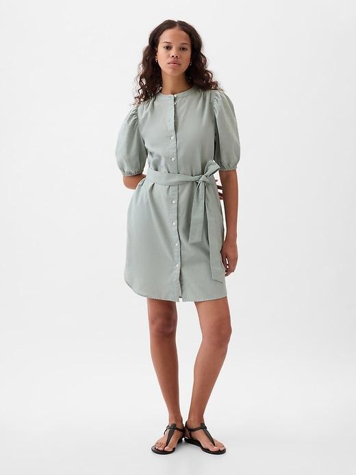 Linen-Cotton Puff Sleeve Mini Shirtdress Product Image