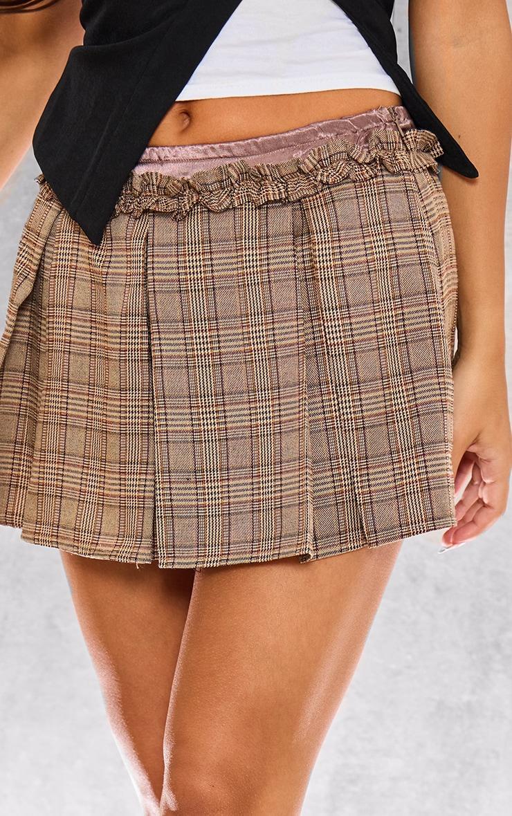 Brown Check Print Satin Waistband Detail Pleated Mini Skirt Product Image